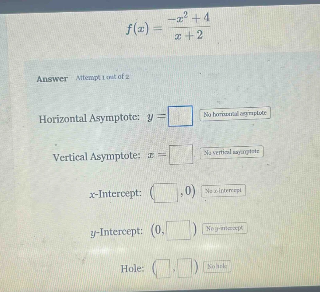 f(x) = \\frac{-x^2 + 4}{x + 2} answer attempt 1 out of 2 horizontal asy…