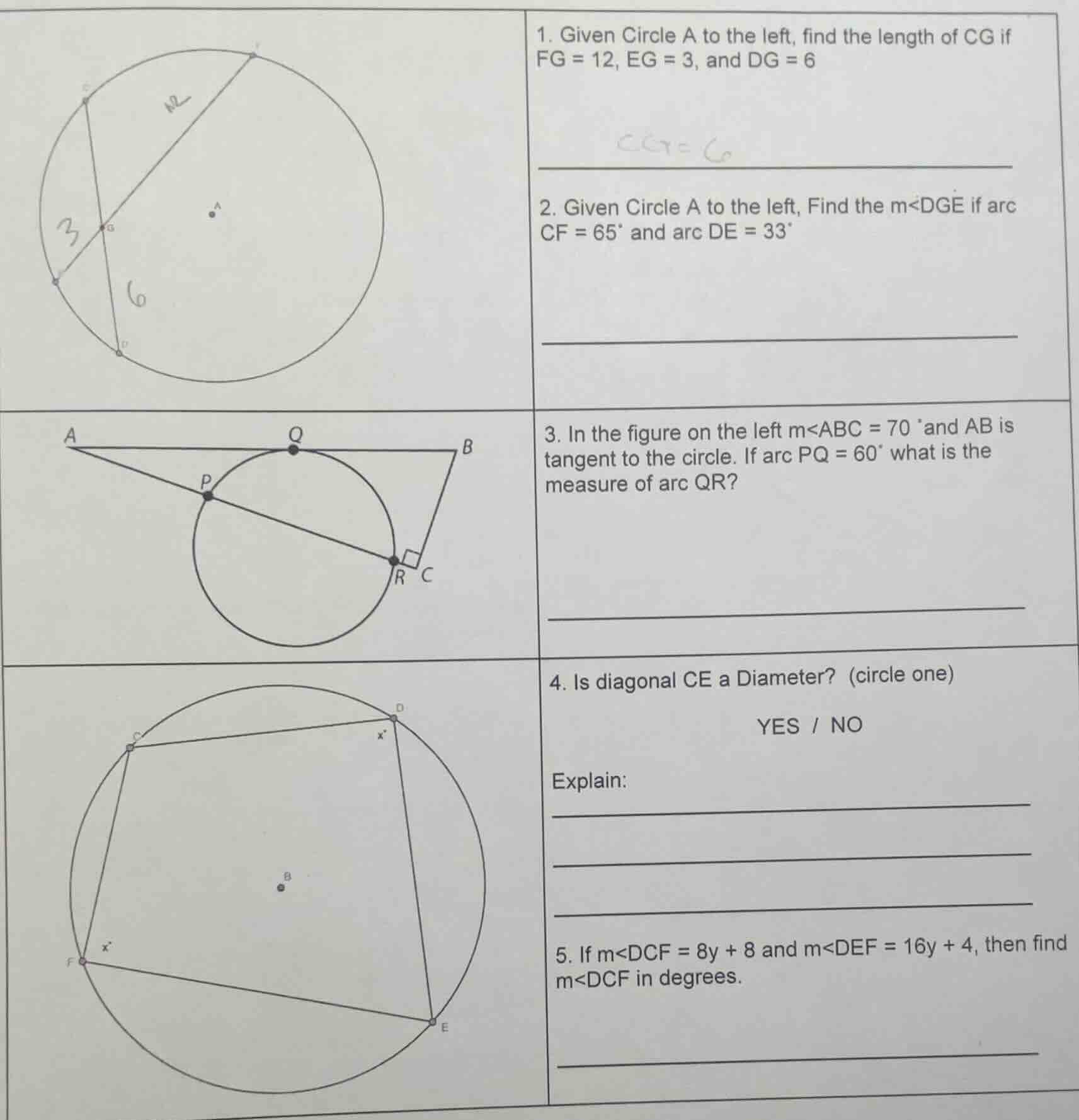 1. given circle a to the left, find the length of cg if fg = 12, eg = 3…