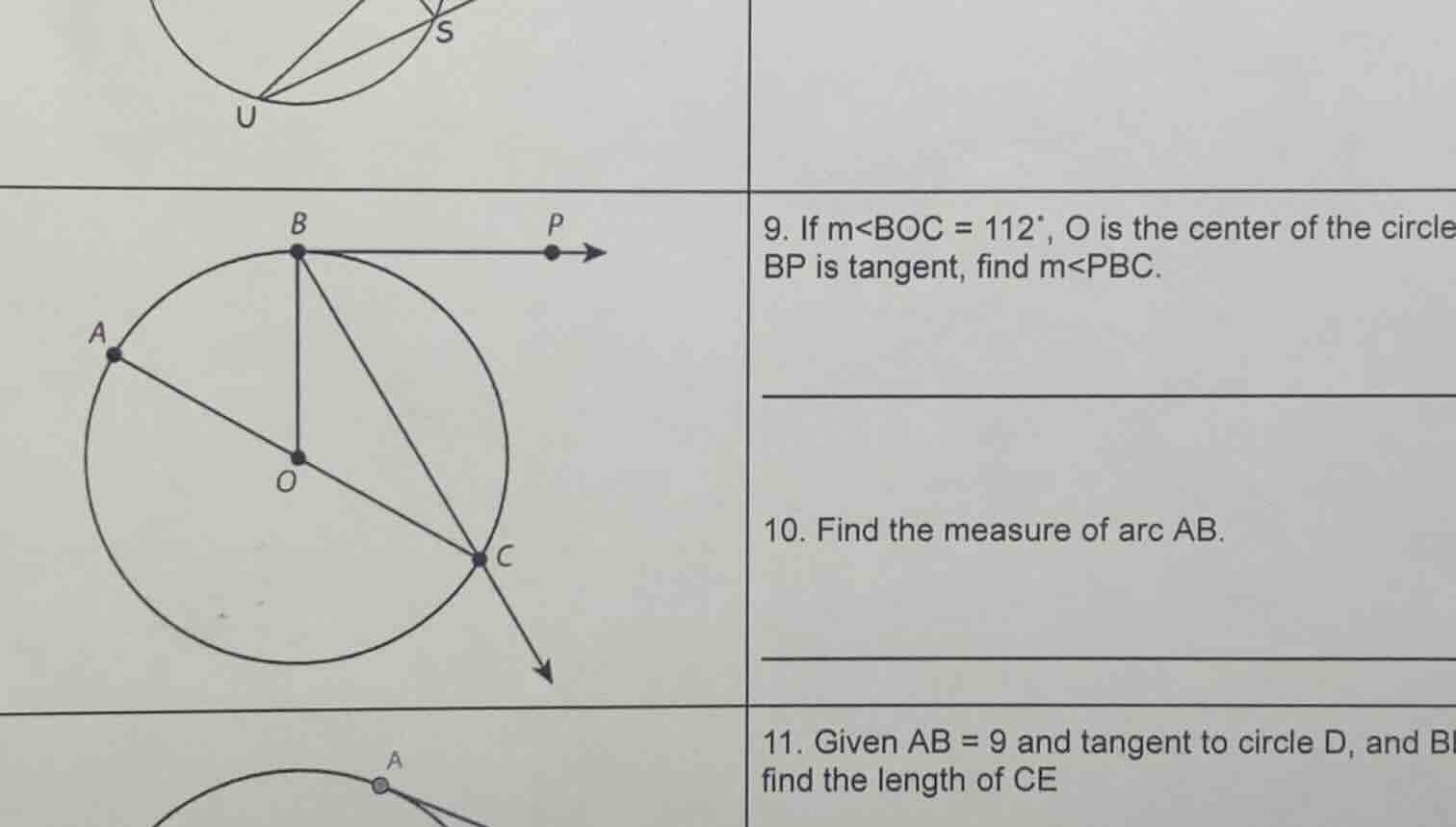 9. if m∠boc = 112°, o is the center of the circle bp is tangent, find m…