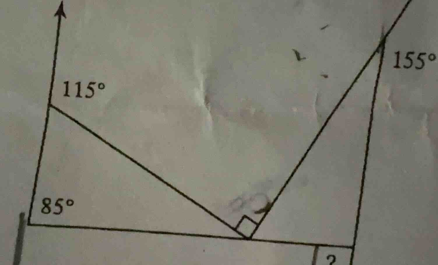 there is a geometric figure with angles 115°, 85°, 155° and a right ang…