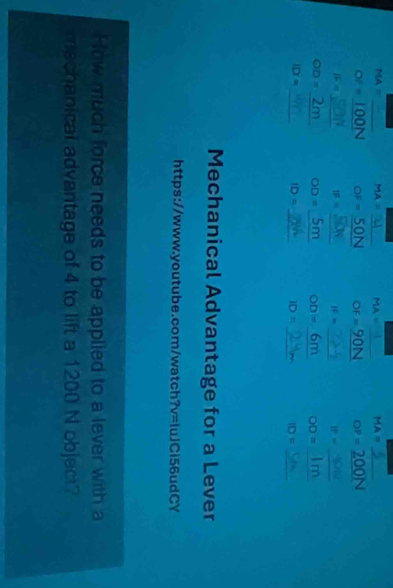 mechanical advantage for a lever https://www.youtube.com/watch?v=lujc15…