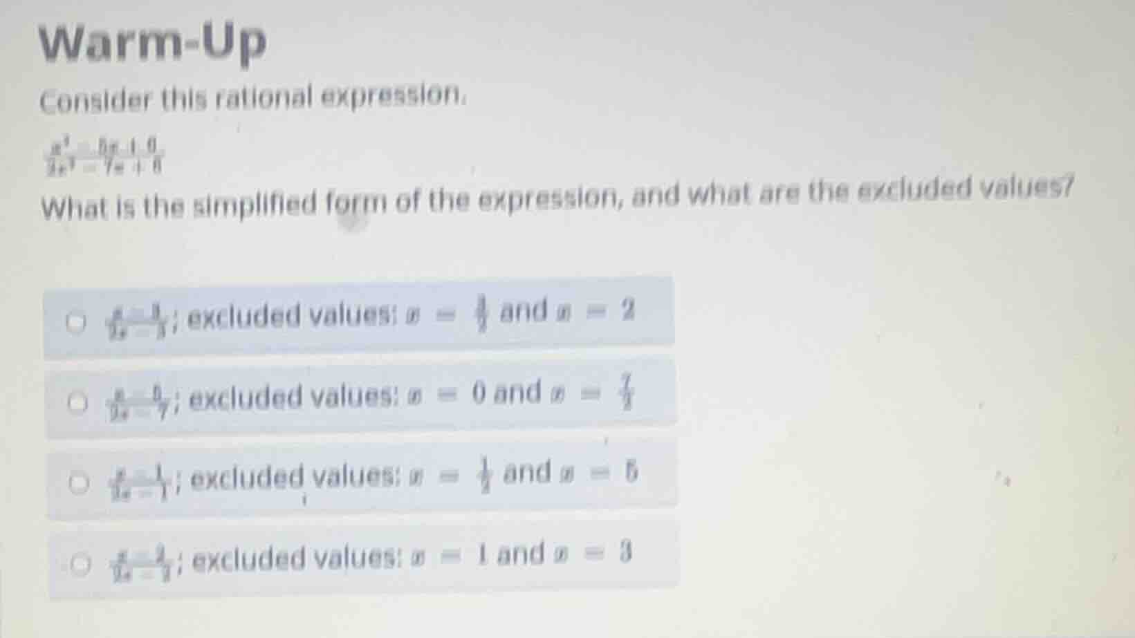 warm-up consider this rational expression: \\(\\frac{x^2 - 5x + 6}{2x^2…