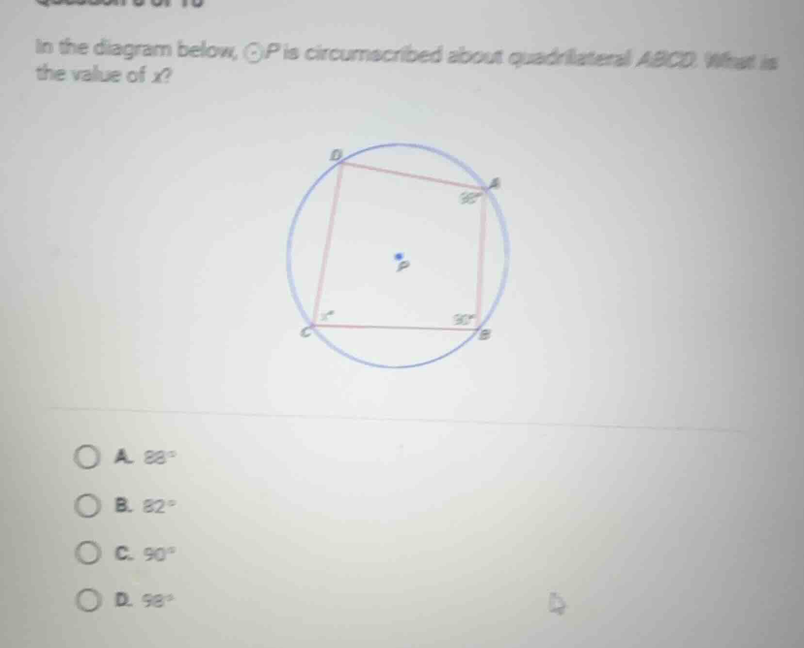 in the diagram below, ⊙p is circumscribed about quadrilateral abcd. wha…