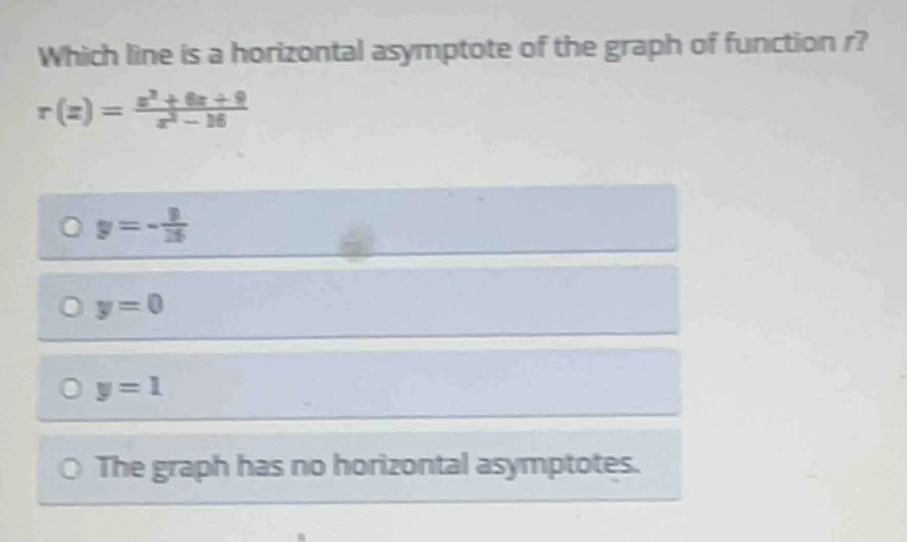 which line is a horizontal asymptote of the graph of function r? r(x) =…