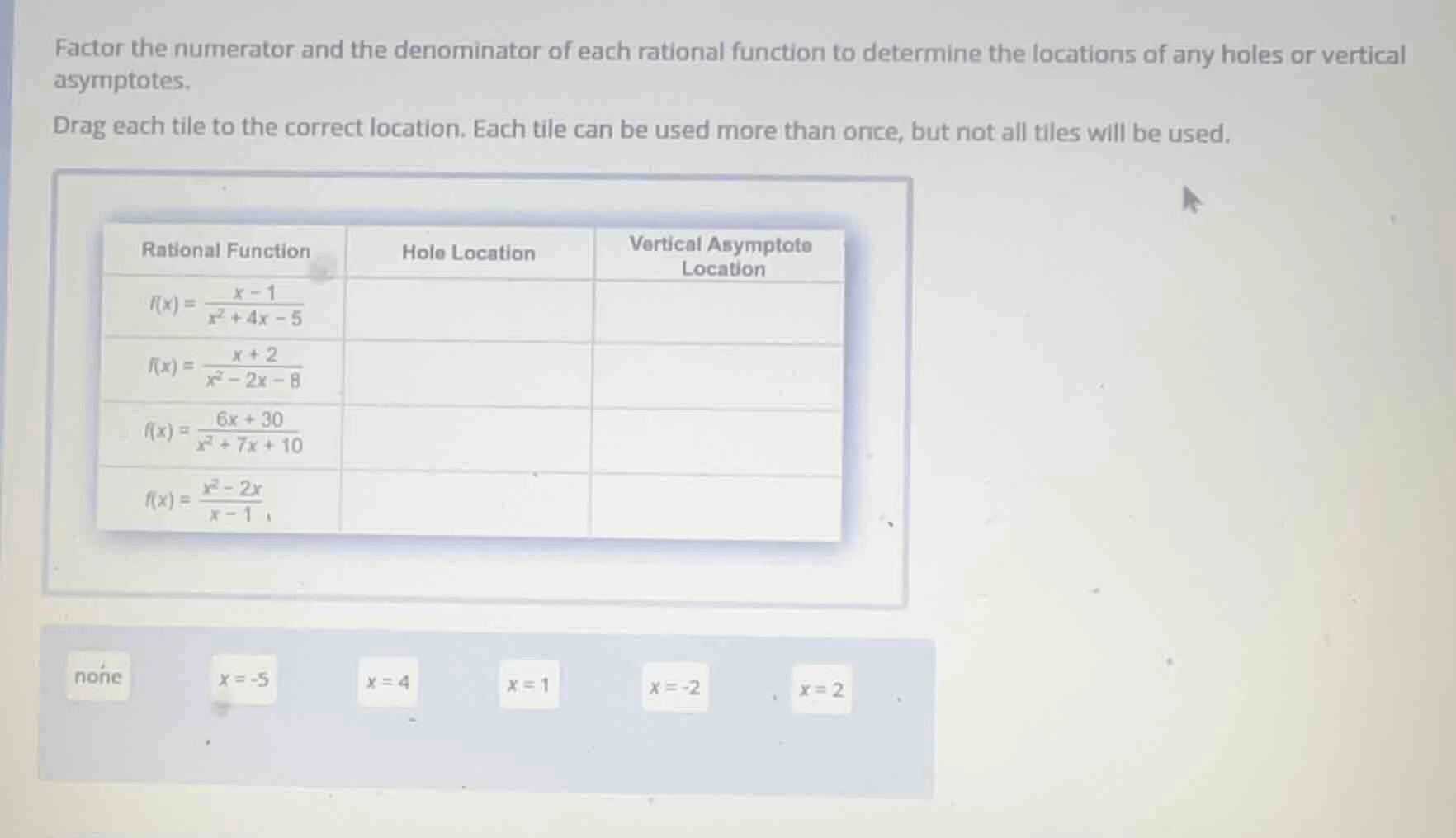factor the numerator and the denominator of each rational function to d…