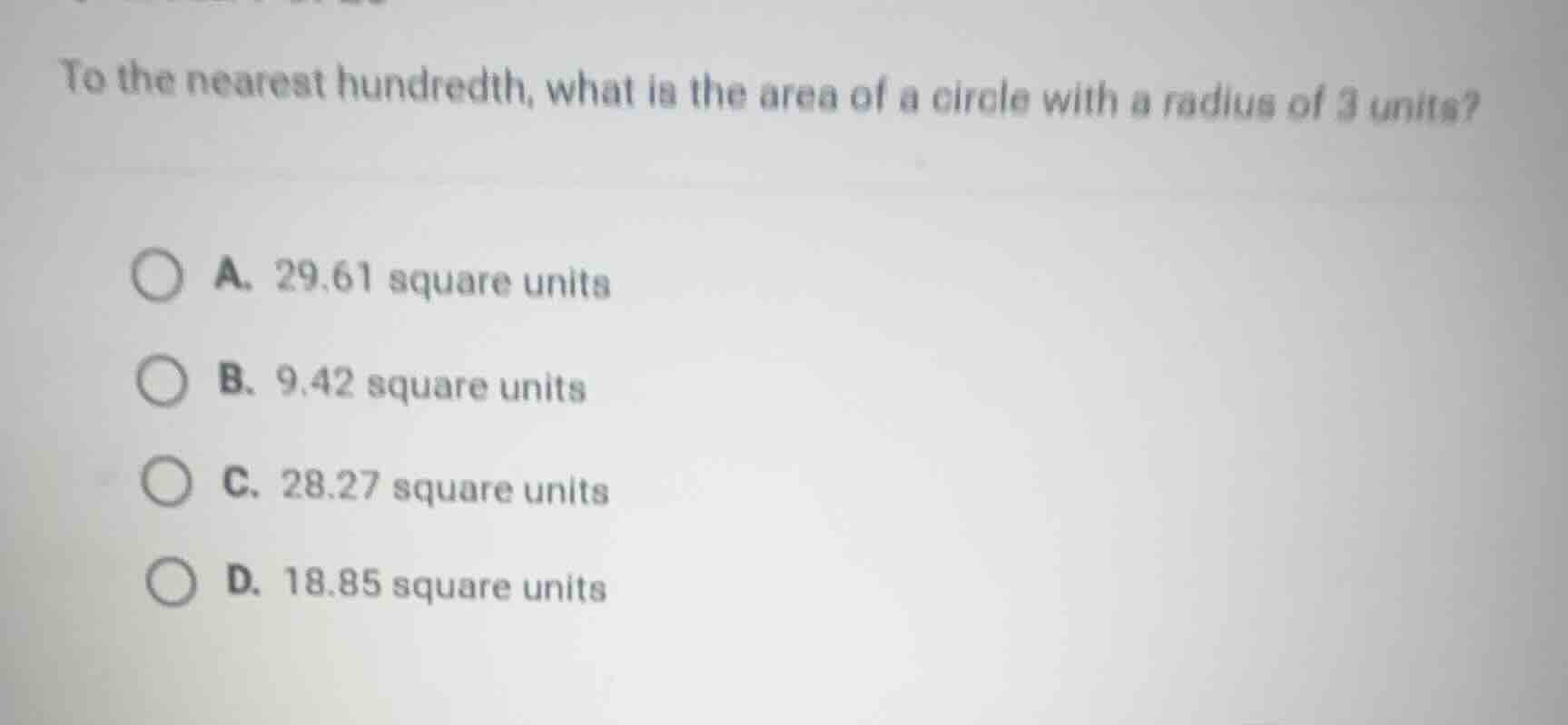 to the nearest hundredth, what is the area of a circle with a radius of…