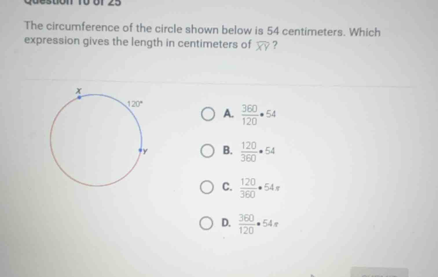 the circumference of the circle shown below is 54 centimeters. which ex…