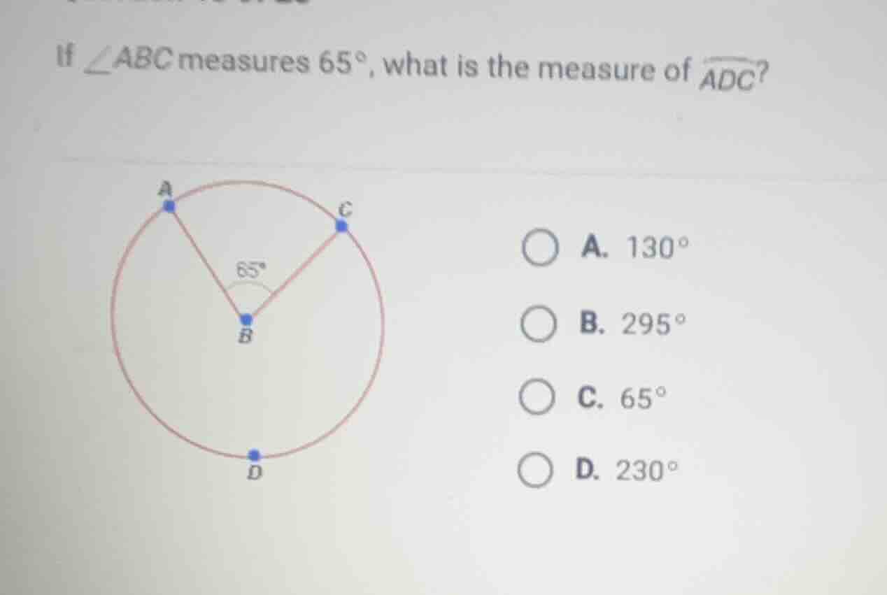 if $\\angle abc$ measures $65^\\circ$, what is the measure of $\\overar…