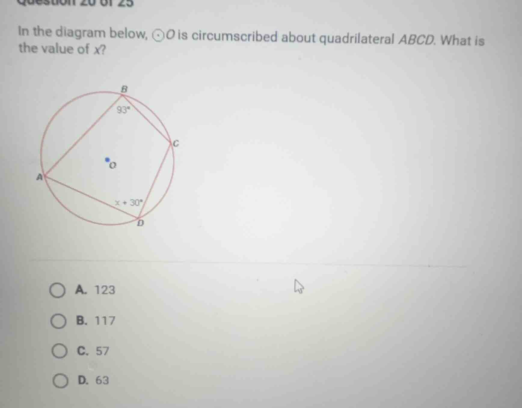 question 20 of 25 in the diagram below, ⊙o is circumscribed about quadr…