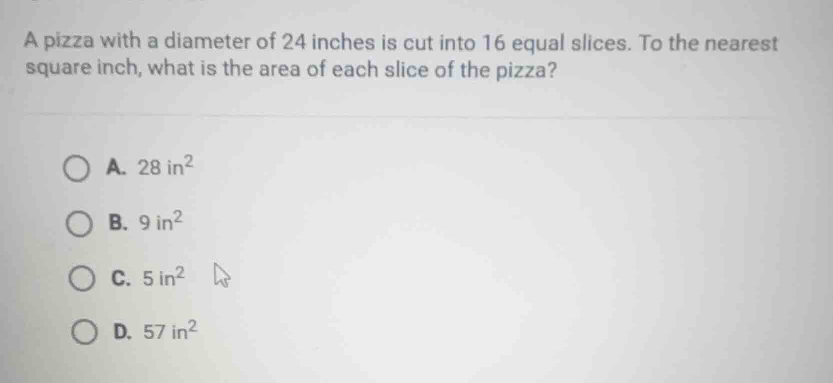 a pizza with a diameter of 24 inches is cut into 16 equal slices. to th…