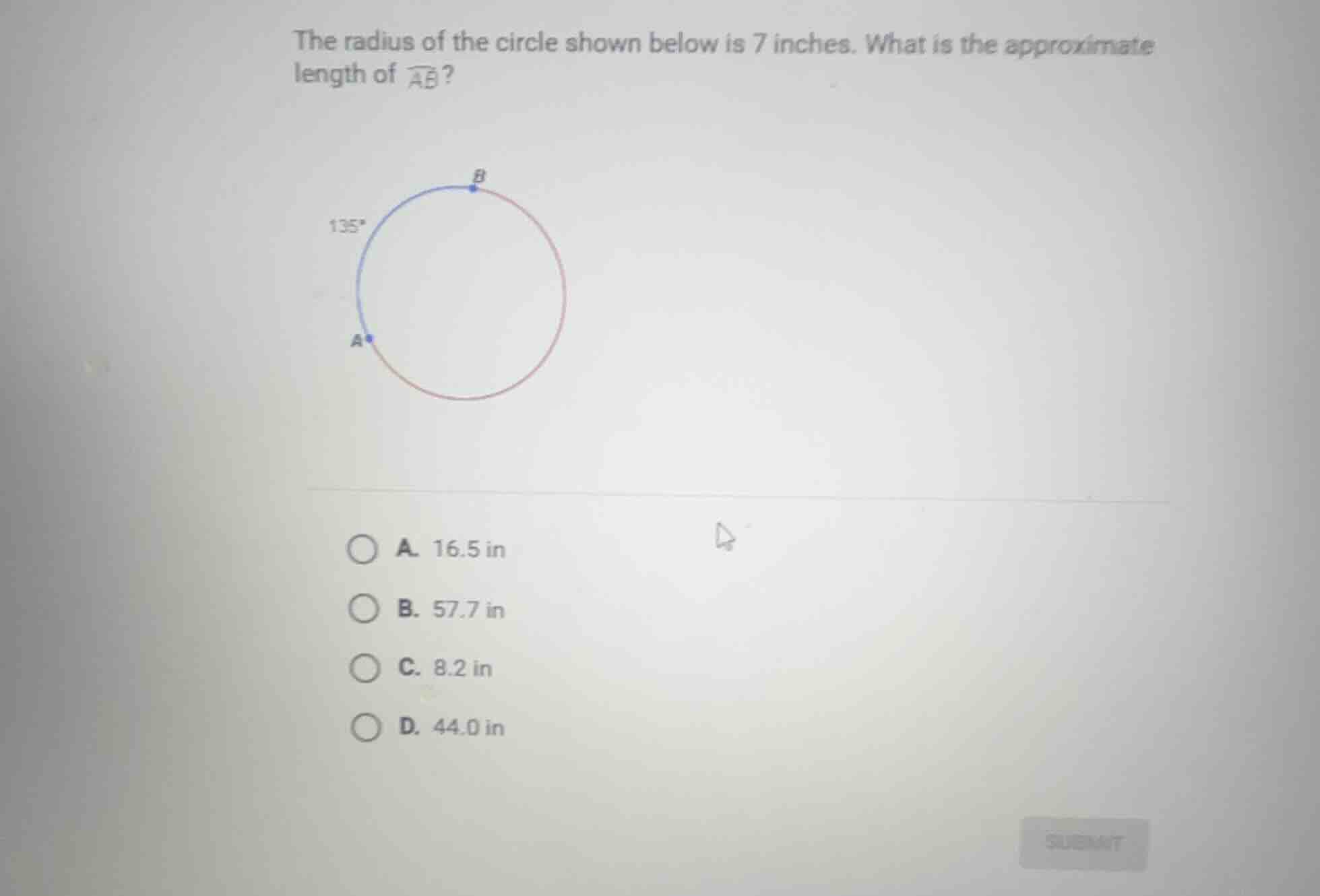the radius of the circle shown below is 7 inches. what is the approxima…