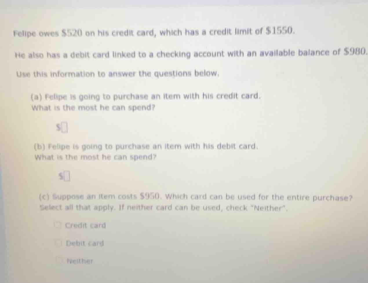 felipe owes $520 on his credit card, which has a credit limit of $1550.…