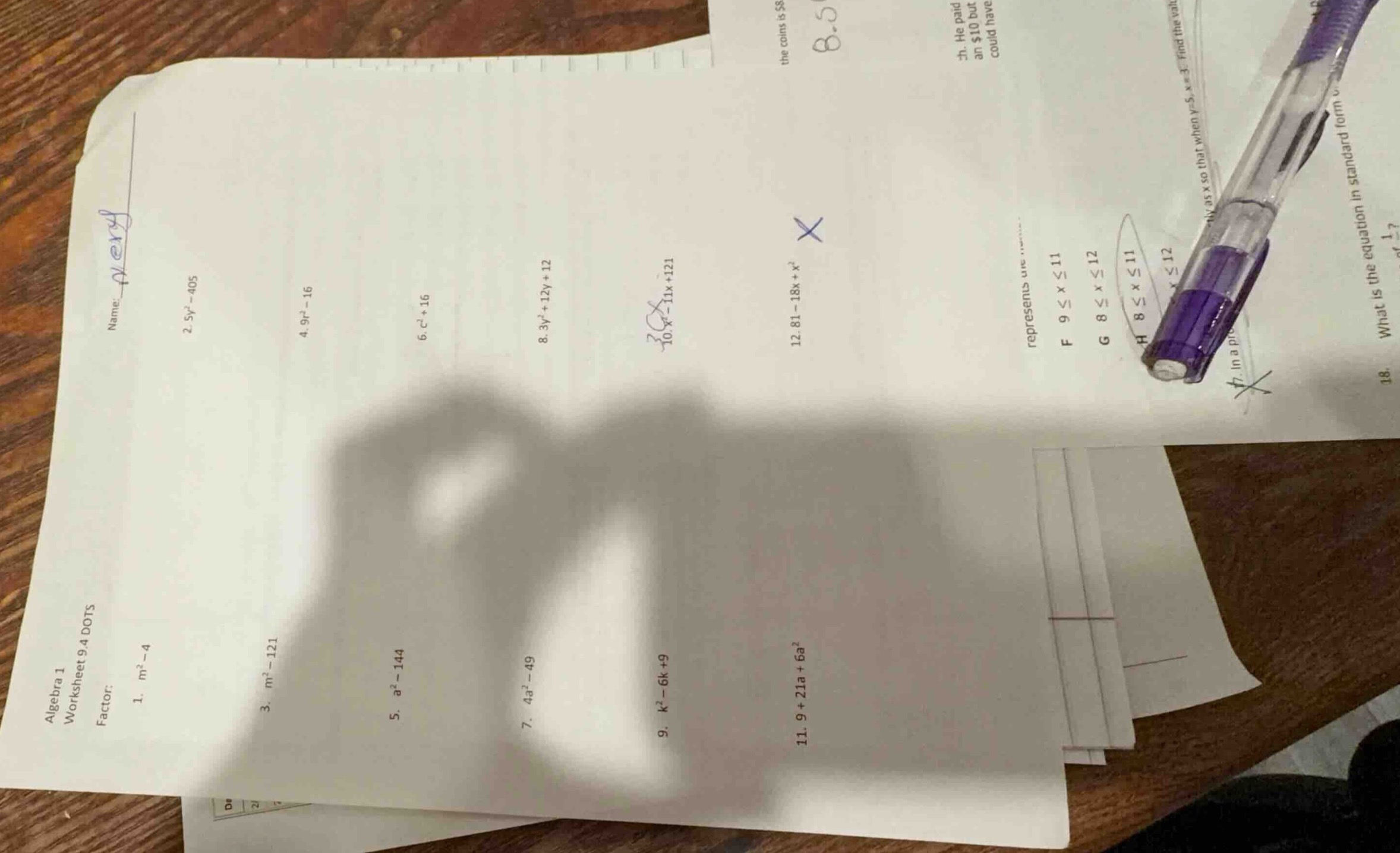 algebra 1 worksheet: 9.4 dots factor: 1. ( m^2 - 4 ) 2. ( 5y^2 - 405 ) …