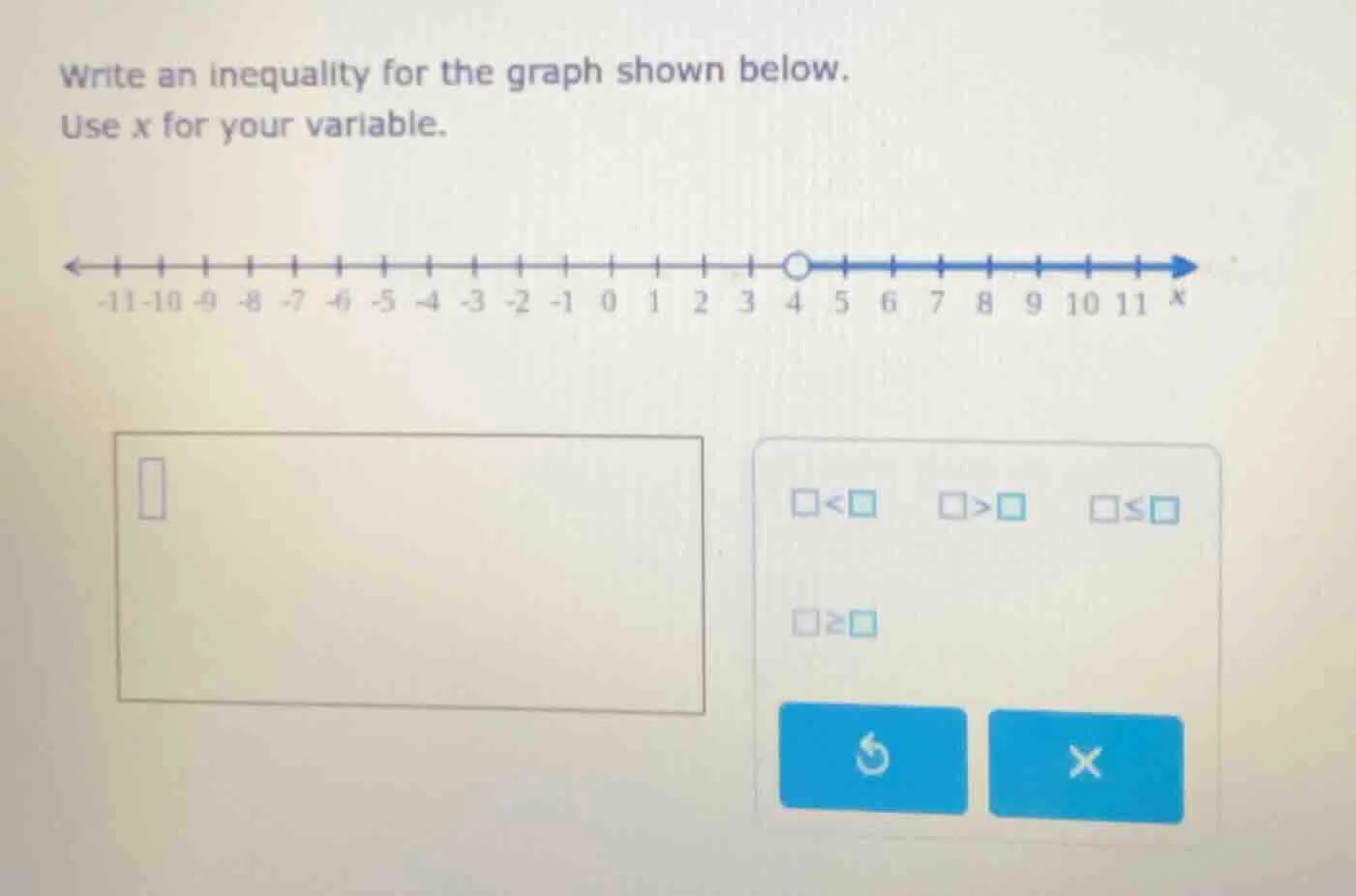 write an inequality for the graph shown below. use x for your variable.