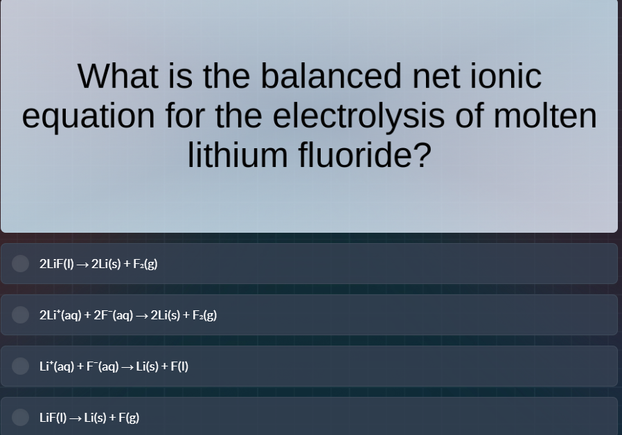 what is the balanced net ionic equation for the electrolysis of molten …