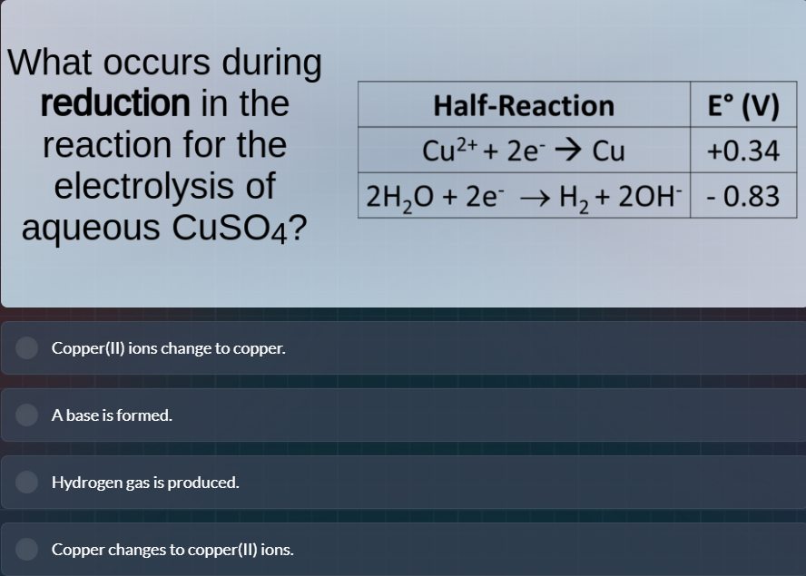 what occurs during reduction in the reaction for the electrolysis of aq…