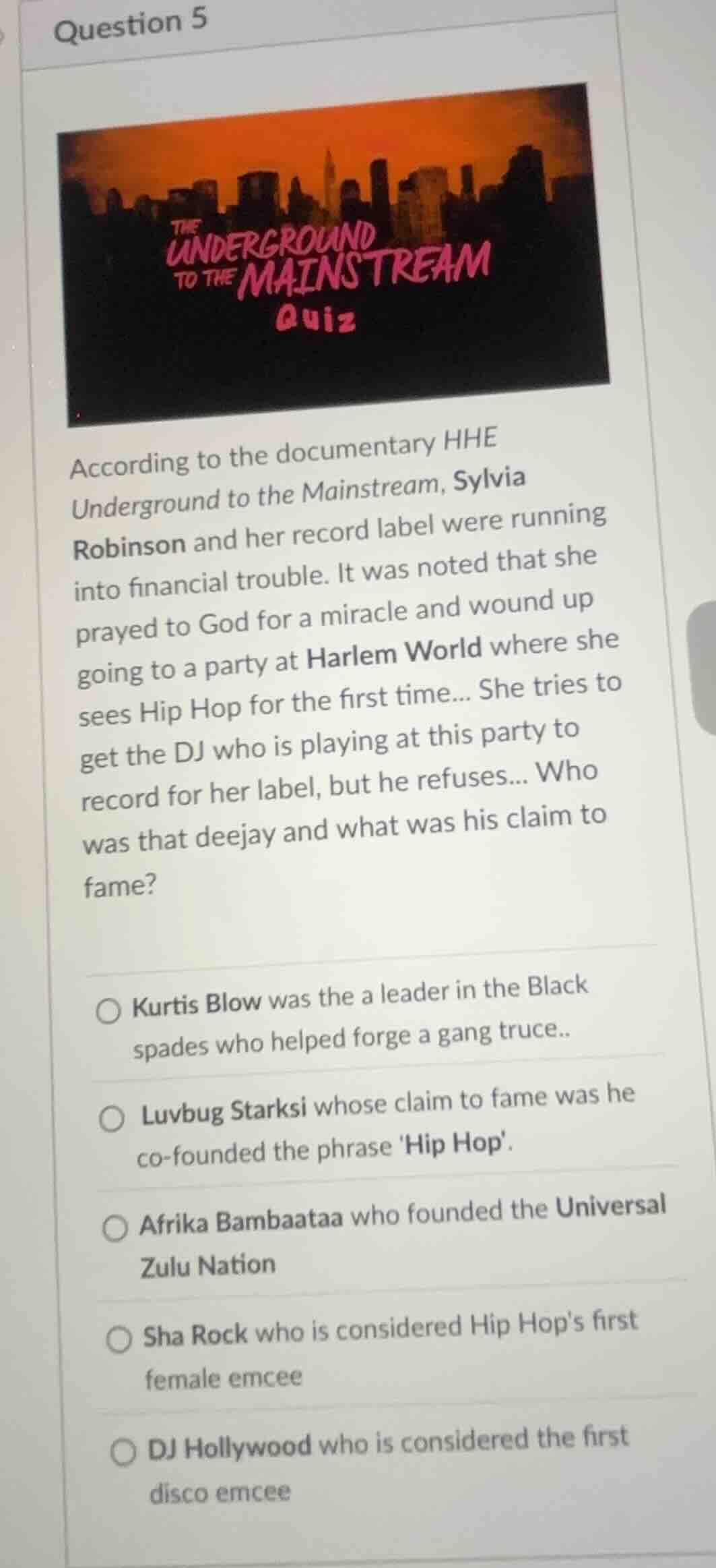 question 5 according to the documentary hhe underground to the mainstre…