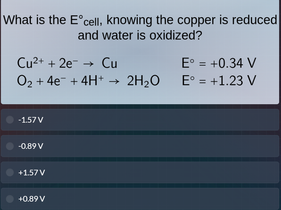 what is the $\\text{e}^\\circ_{\\text{cell}}$, knowing the copper is re…