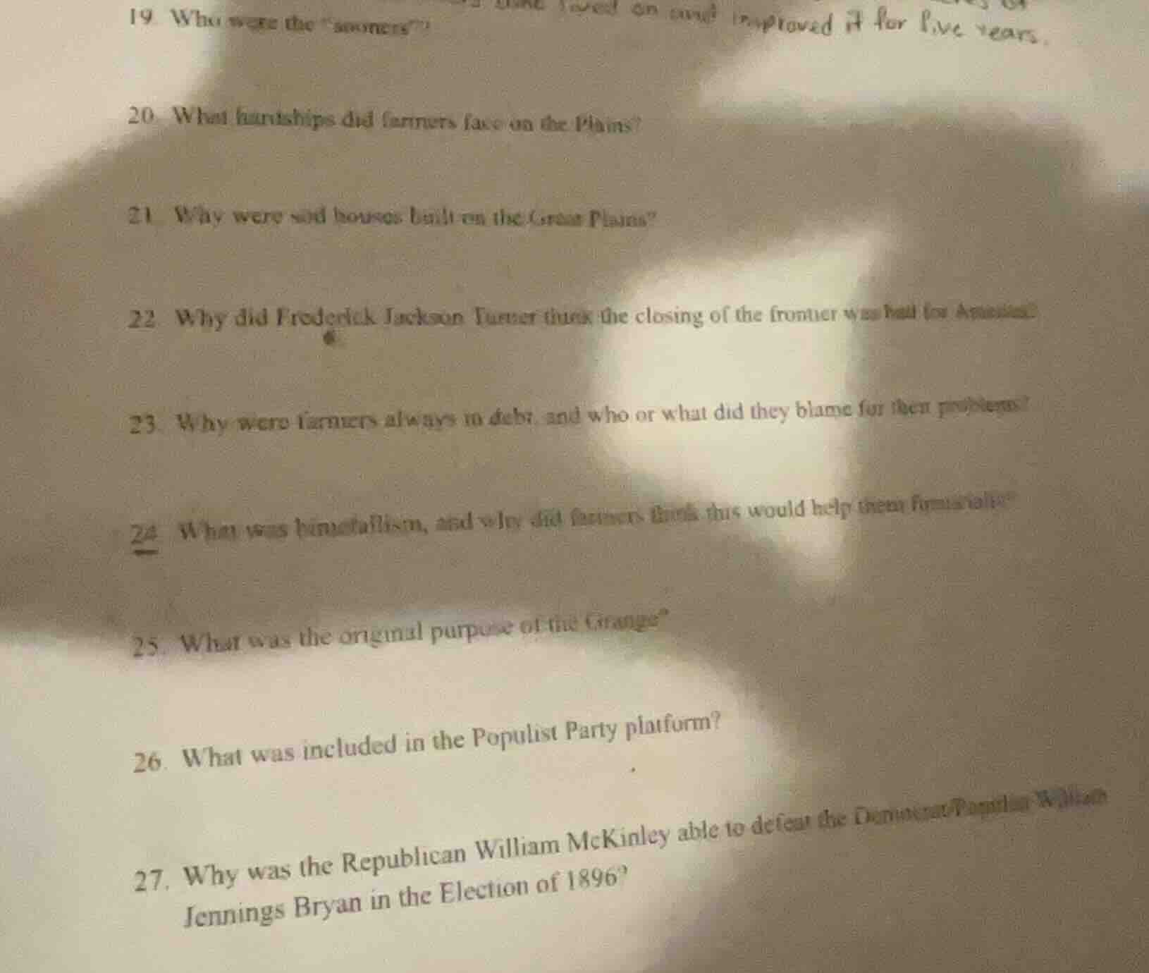 19. who were the \sooners\? 20. what hardships did farmers face on the …
