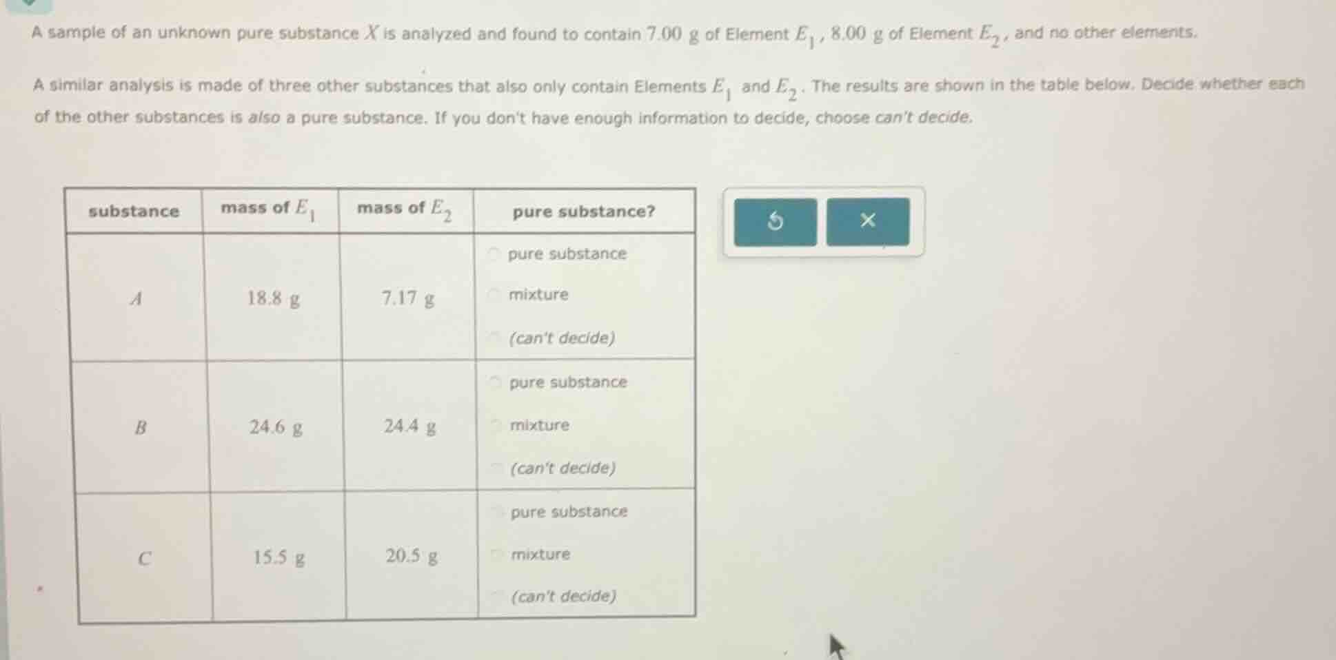 a sample of an unknown pure substance x is analyzed and found to contai…