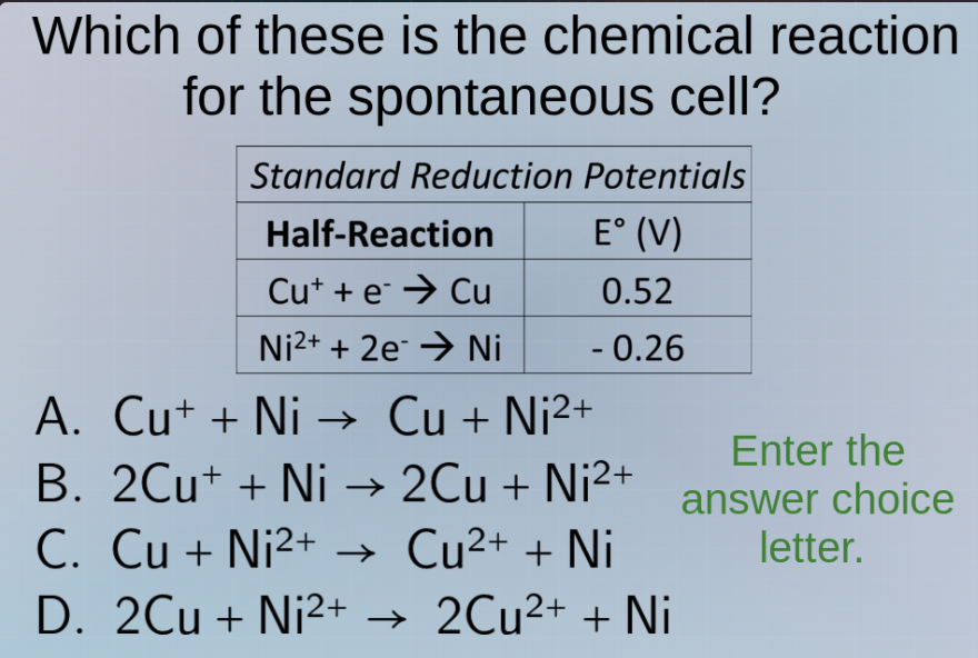 which of these is the chemical reaction for the spontaneous cell? stand…