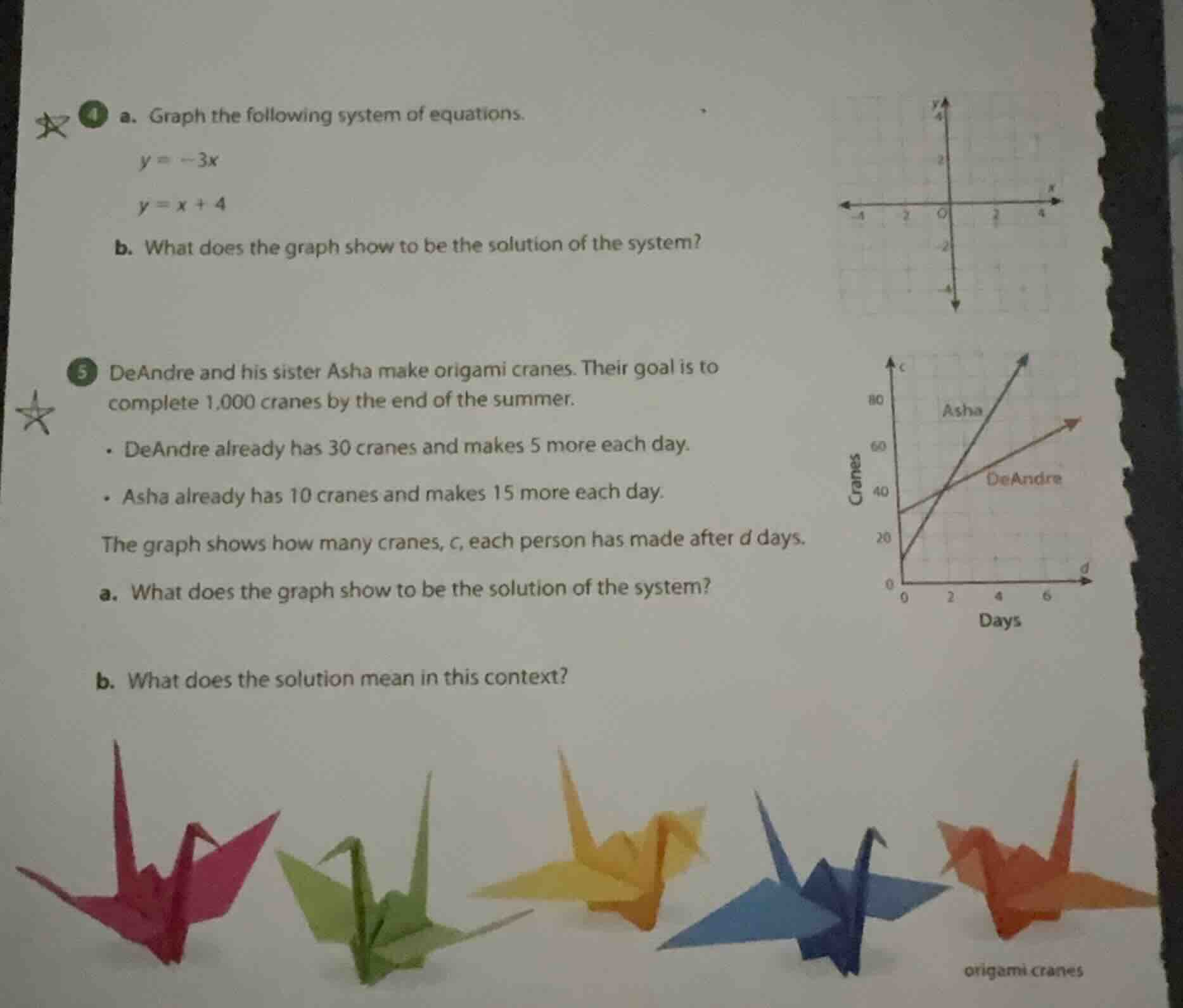 4 a. graph the following system of equations. $y = -3x$ $y = x + 4$ b. …