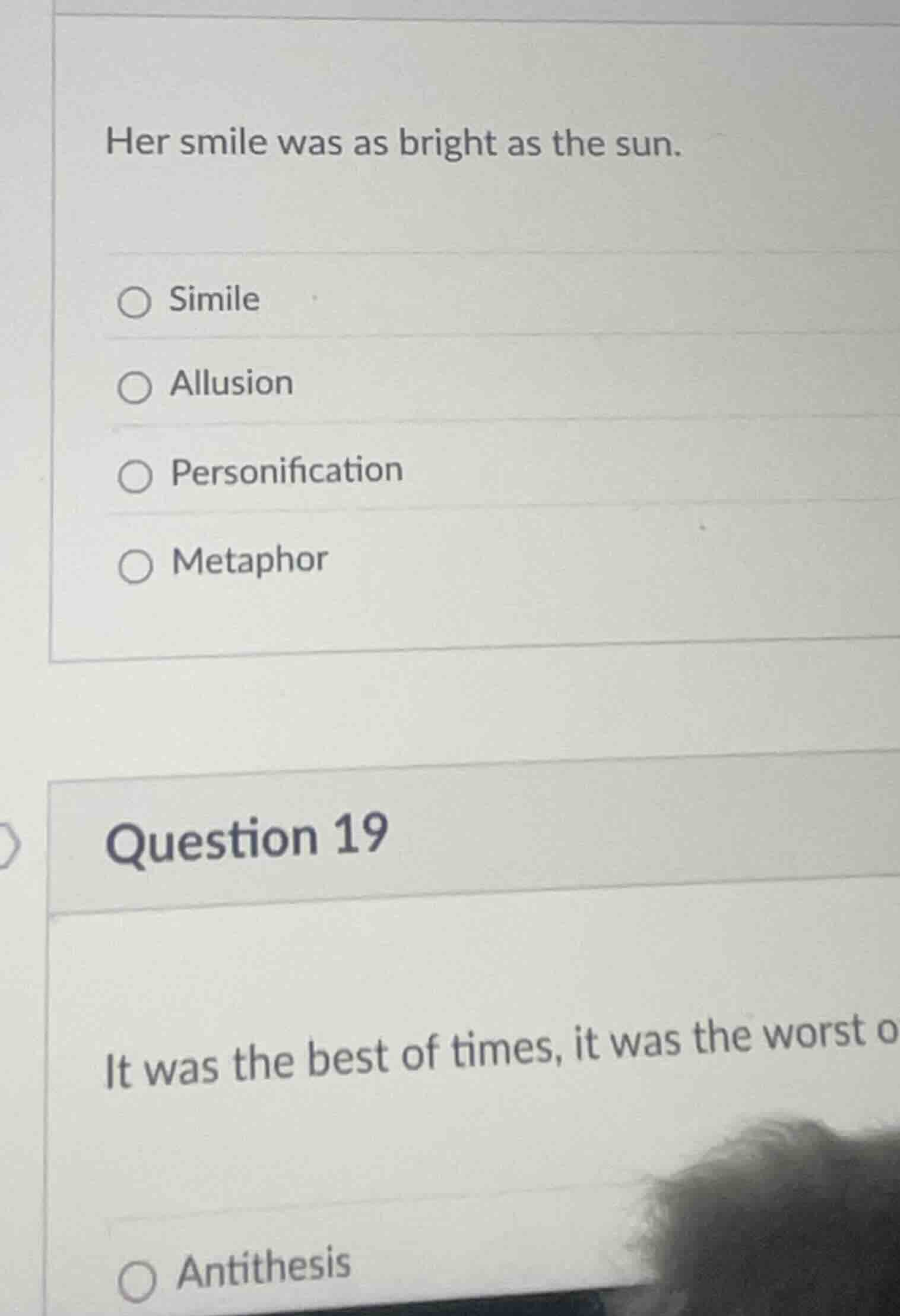 her smile was as bright as the sun. ○ simile ○ allusion ○ personificati…