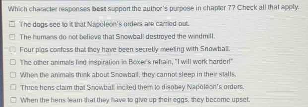which character responses best support the author’s purpose in chapter …