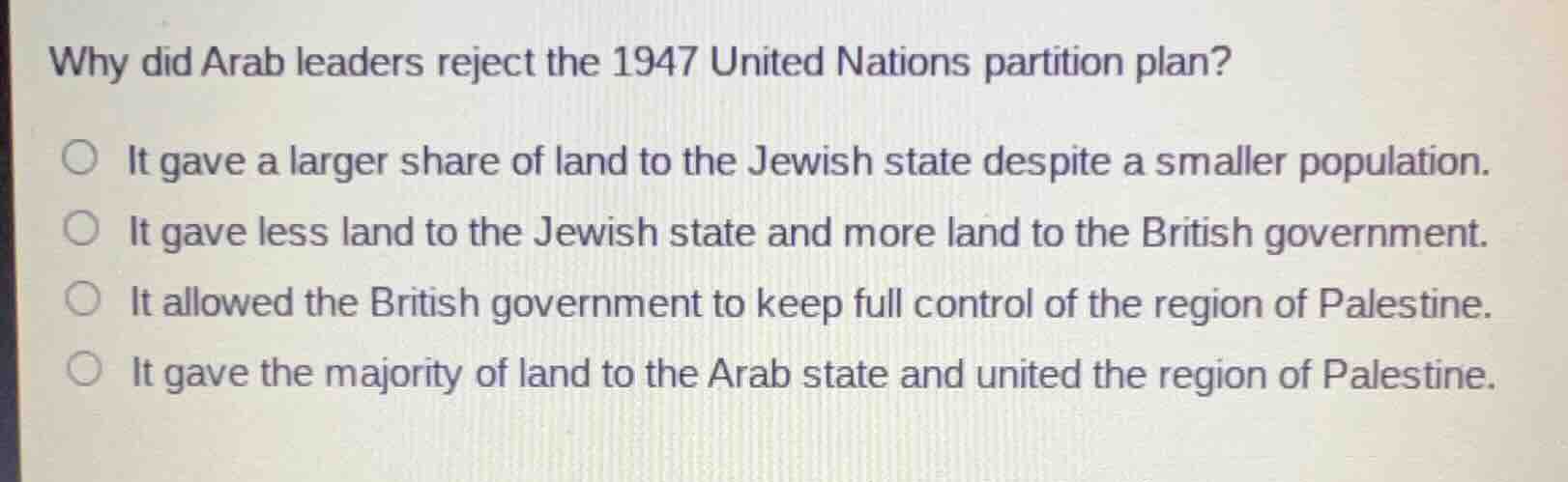 why did arab leaders reject the 1947 united nations partition plan? it …