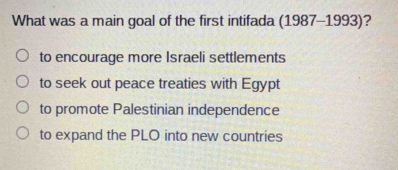 what was a main goal of the first intifada (1987–1993)? to encourage mo…