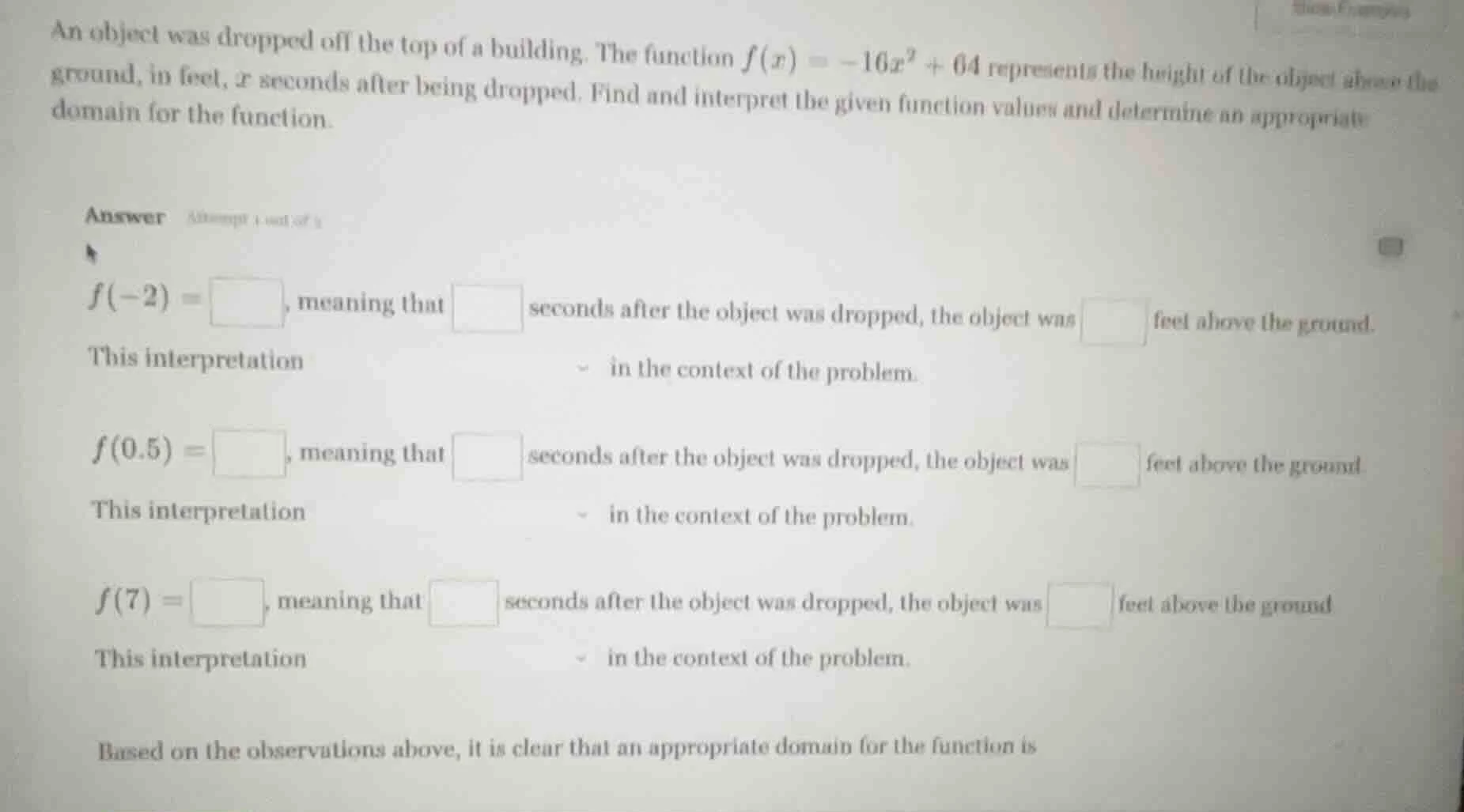 an object was dropped off the top of a building. the function $f(x) = -…