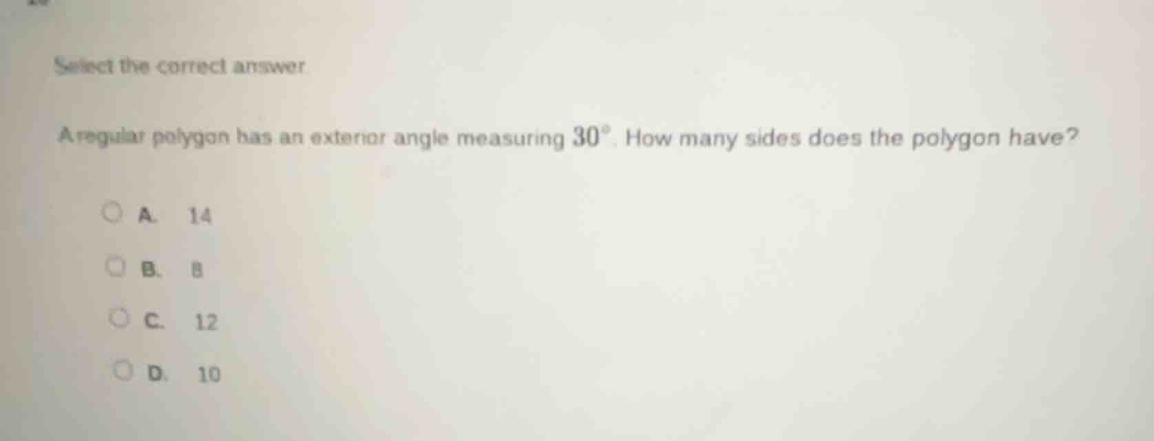 select the correct answer a regular polygon has an exterior angle measu…