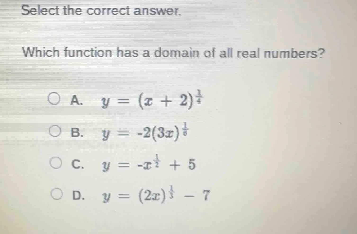 select the correct answer. which function has a domain of all real numb…
