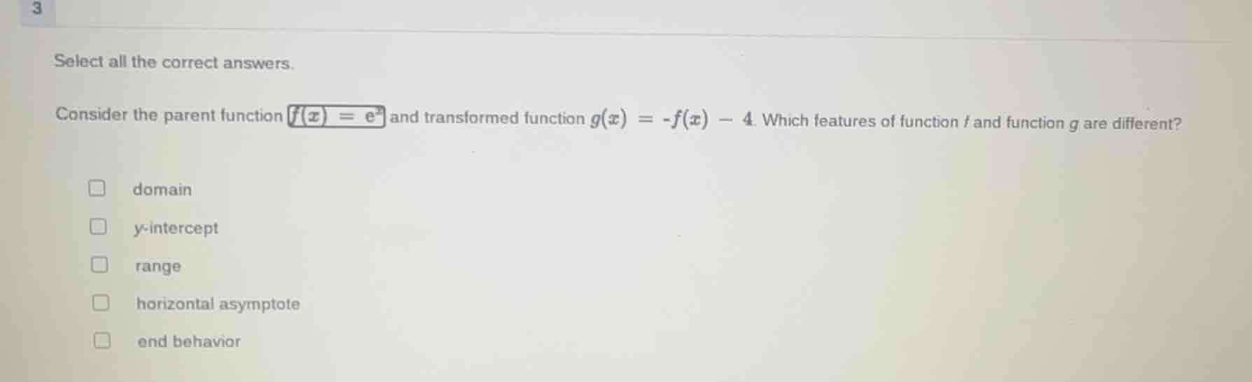 select all the correct answers. consider the parent function $f(x)=e^x$…