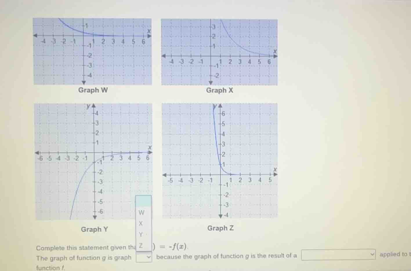 graph w\ graph x\ graph y\ graph z\ complete this statement given th\\(…