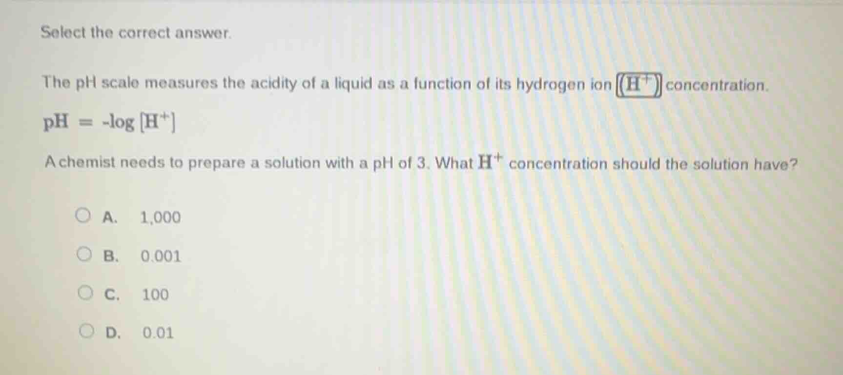 select the correct answer. the ph scale measures the acidity of a liqui…