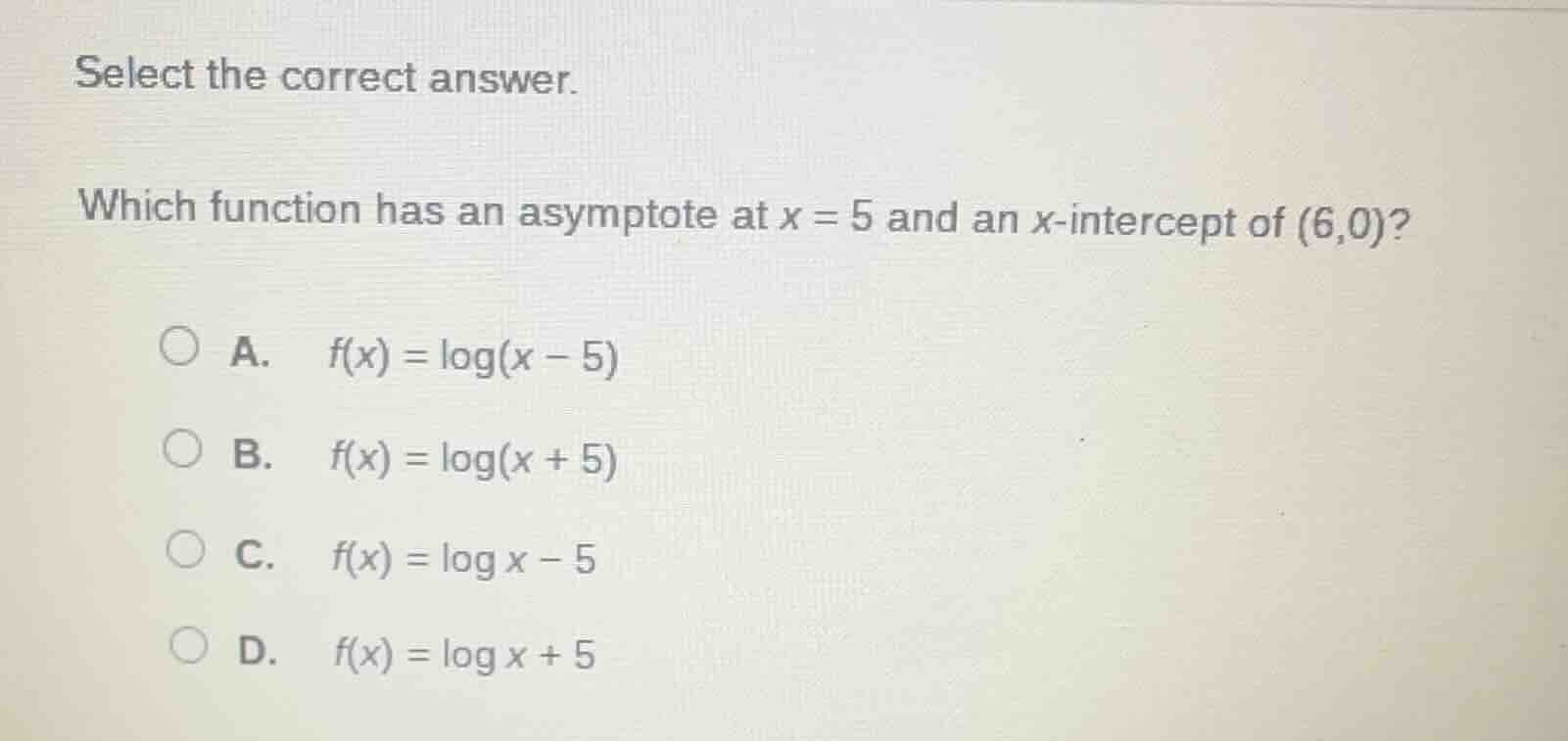 select the correct answer. which function has an asymptote at x = 5 and…
