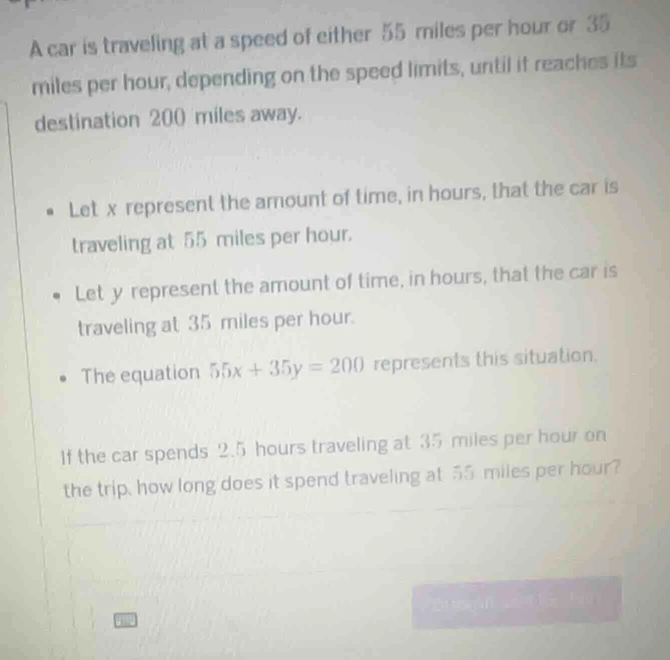 a car is traveling at a speed of either 55 miles per hour or 35 miles p…