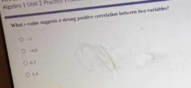 algebra 1 unit 2 practice what r - value suggests a strong positive cor…