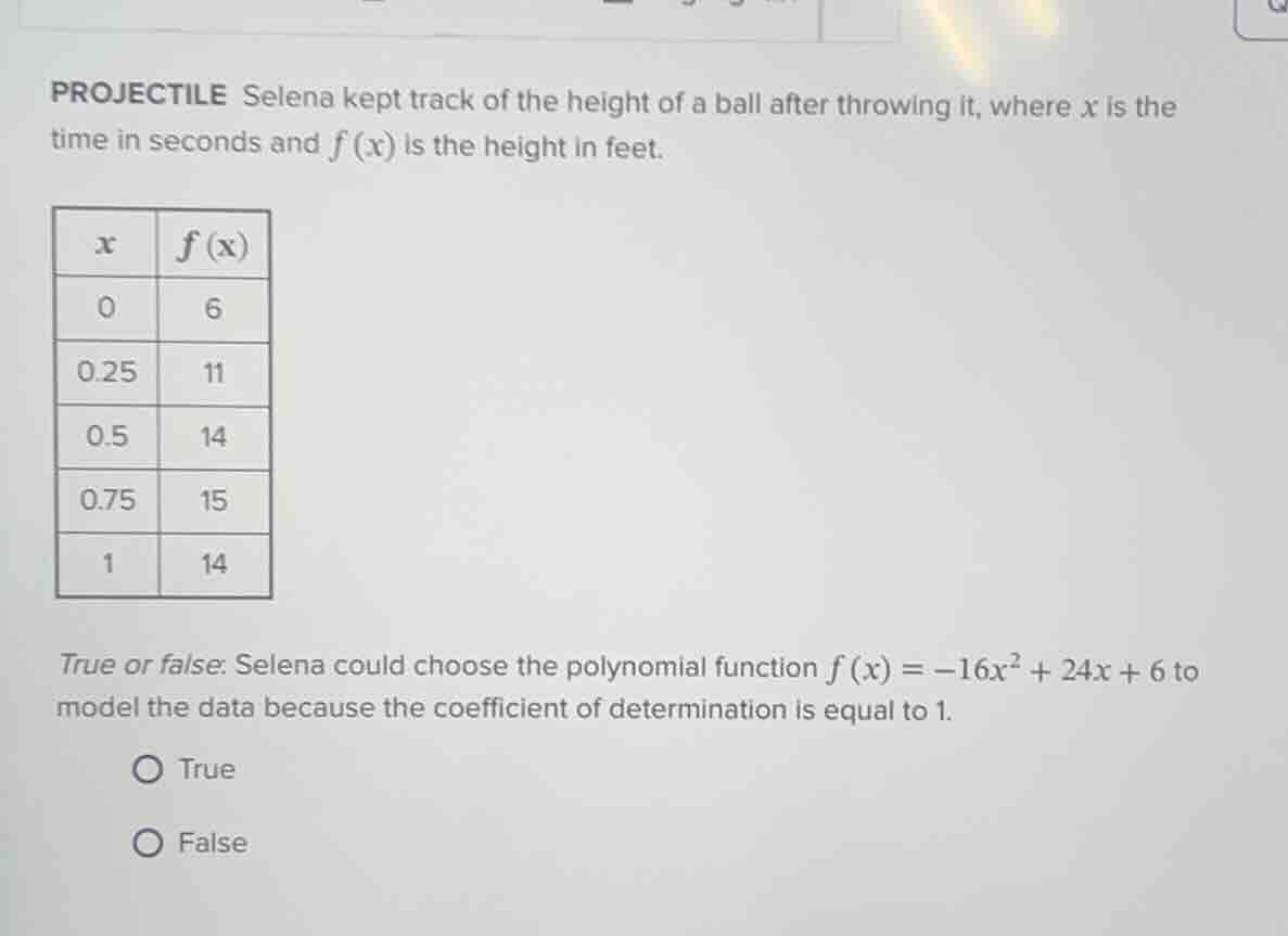 projectile selena kept track of the height of a ball after throwing it,…