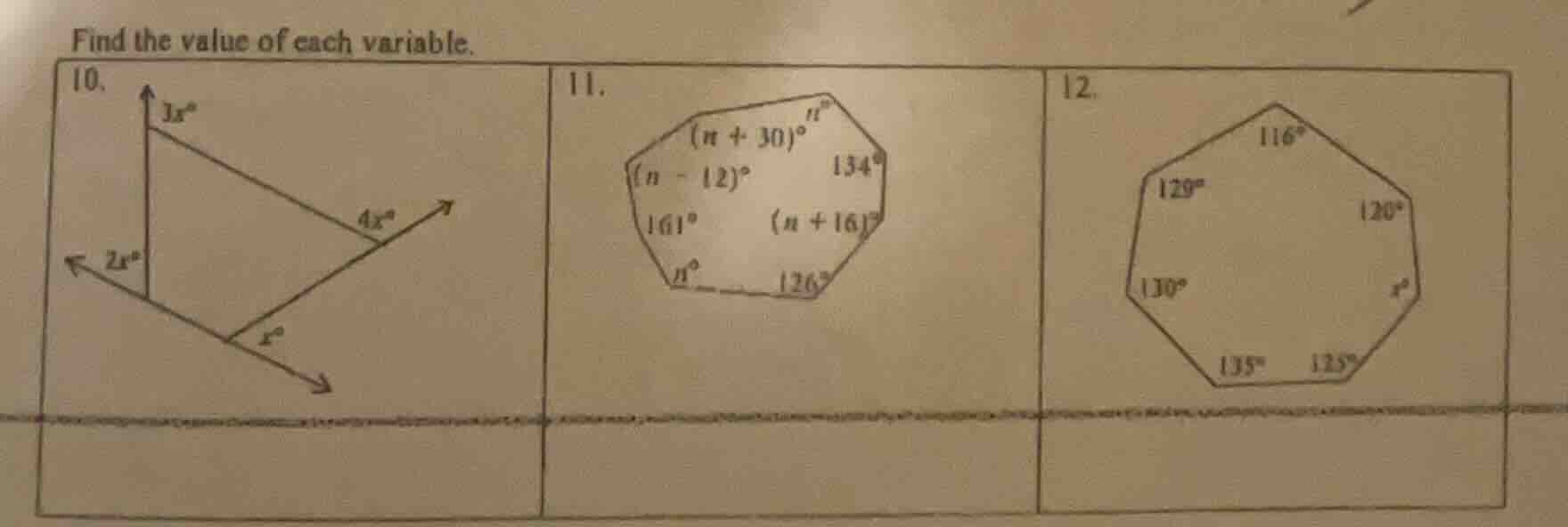find the value of each variable. 10. 11. 12.