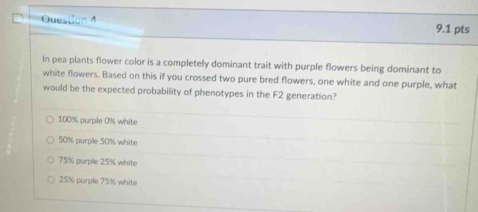 question 4 9.1 pts in pea plants flower color is a completely dominant …