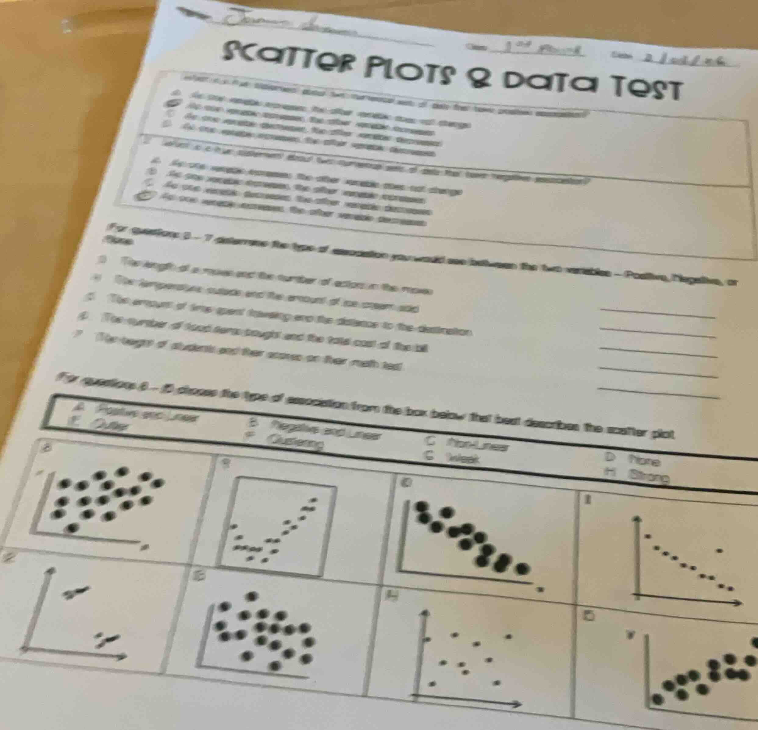 scatter plots & data test first question (partially visible) about two …