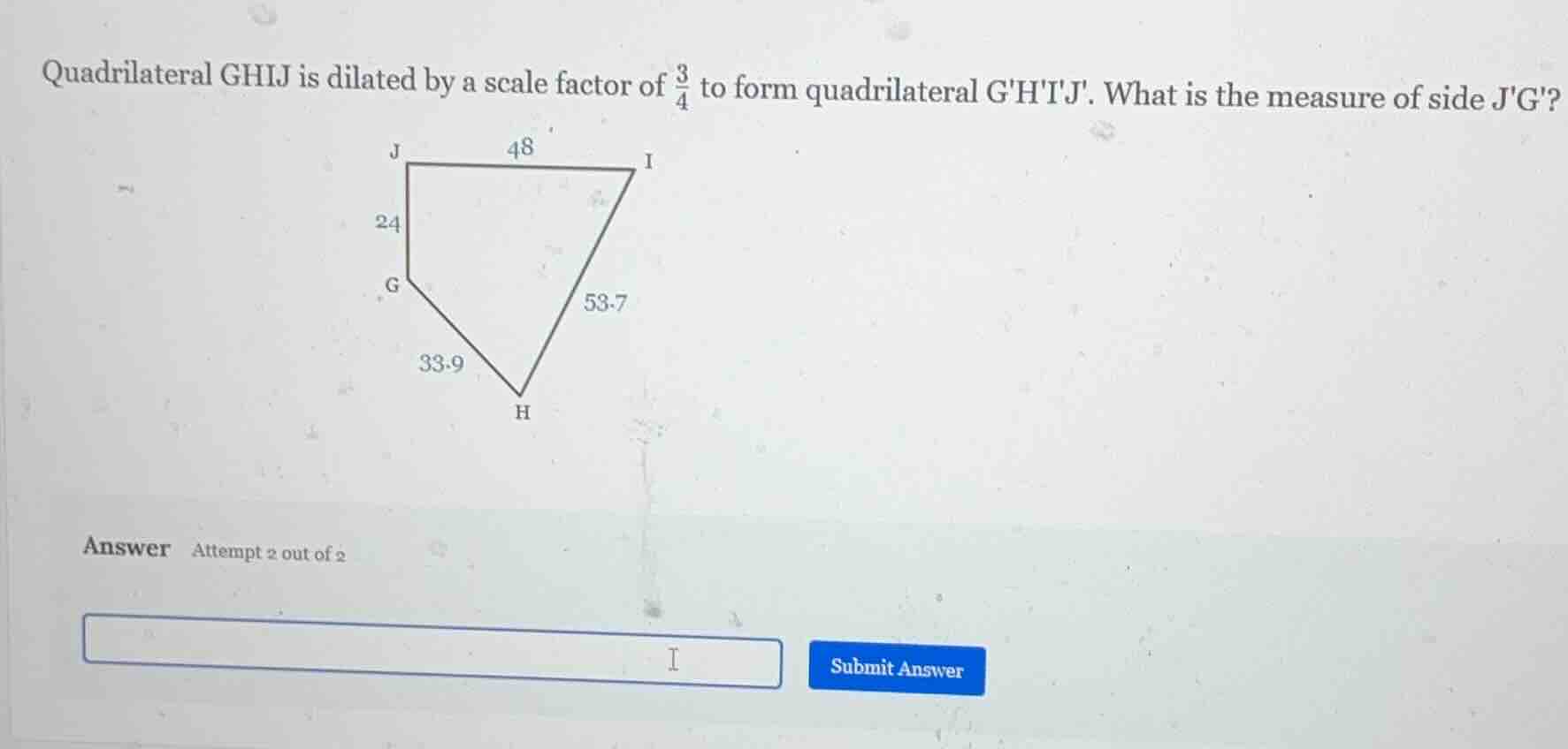 quadrilateral ghij is dilated by a scale factor of \\(\\frac{3}{4}\\) t…