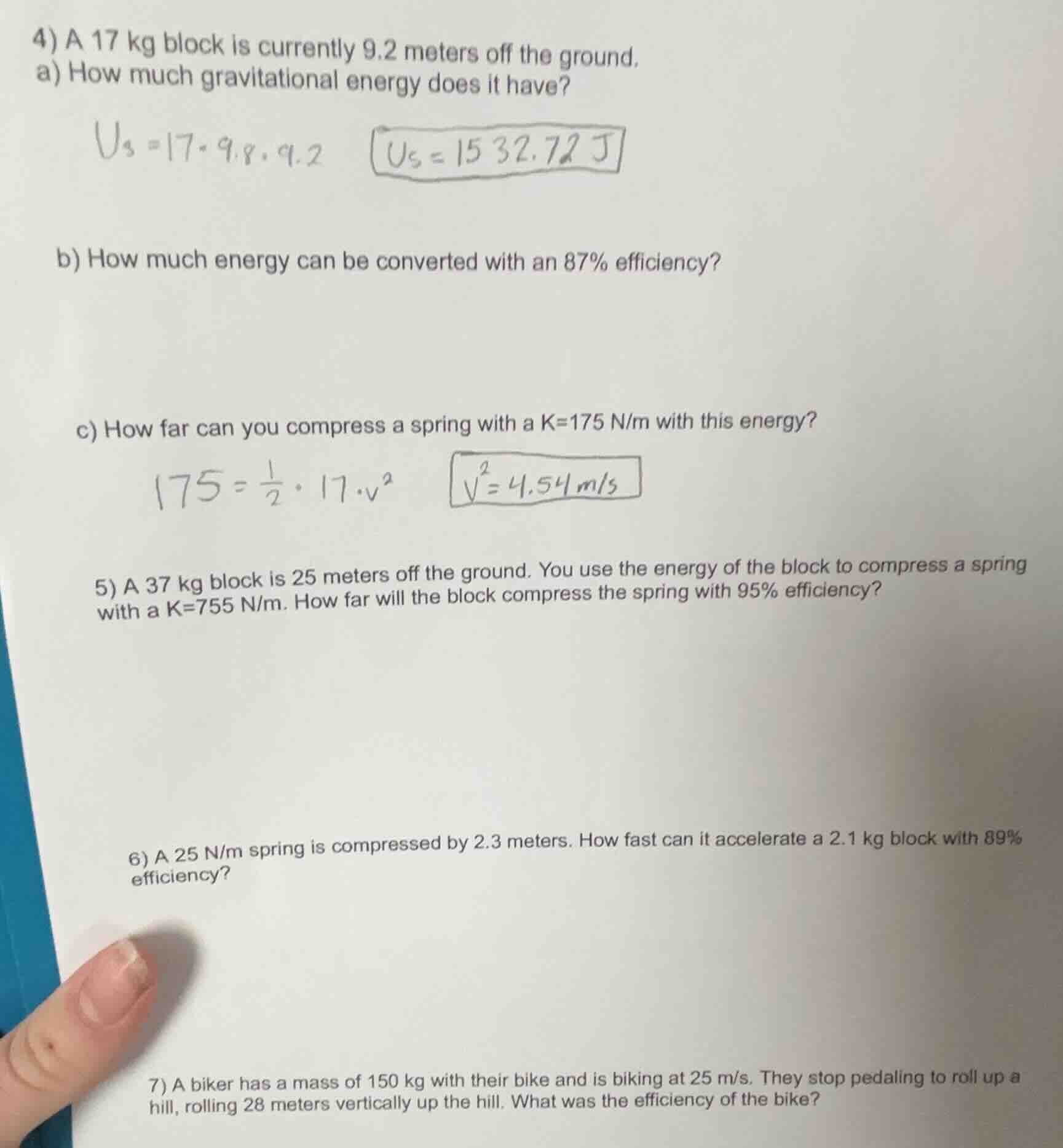 4) a 17 kg block is currently 9.2 meters off the ground. a) how much gr…