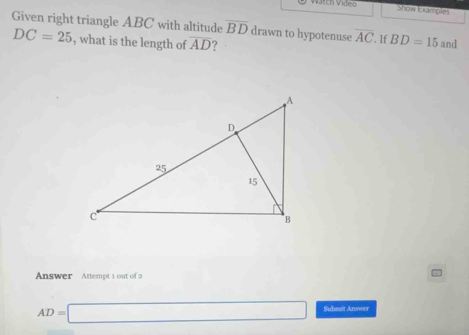given right triangle abc with altitude \\(\\overline{bd}\\) drawn to hy…