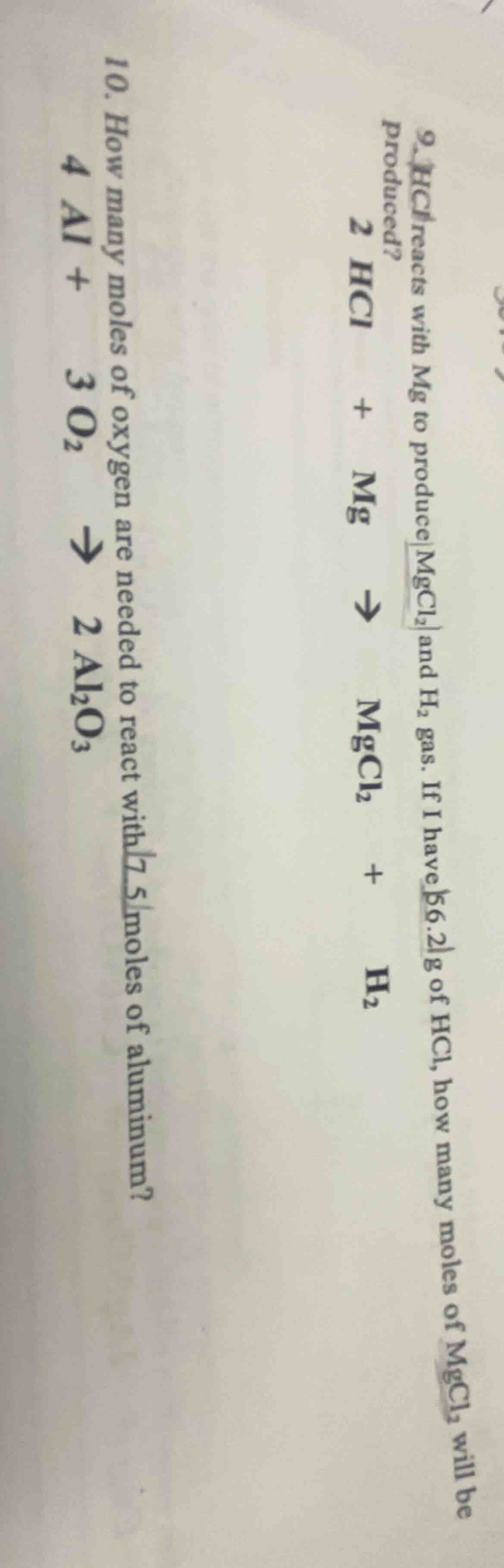 9. hcl reacts with mg to produce mgcl₂ and h₂ gas. if i have 56.2g of h…