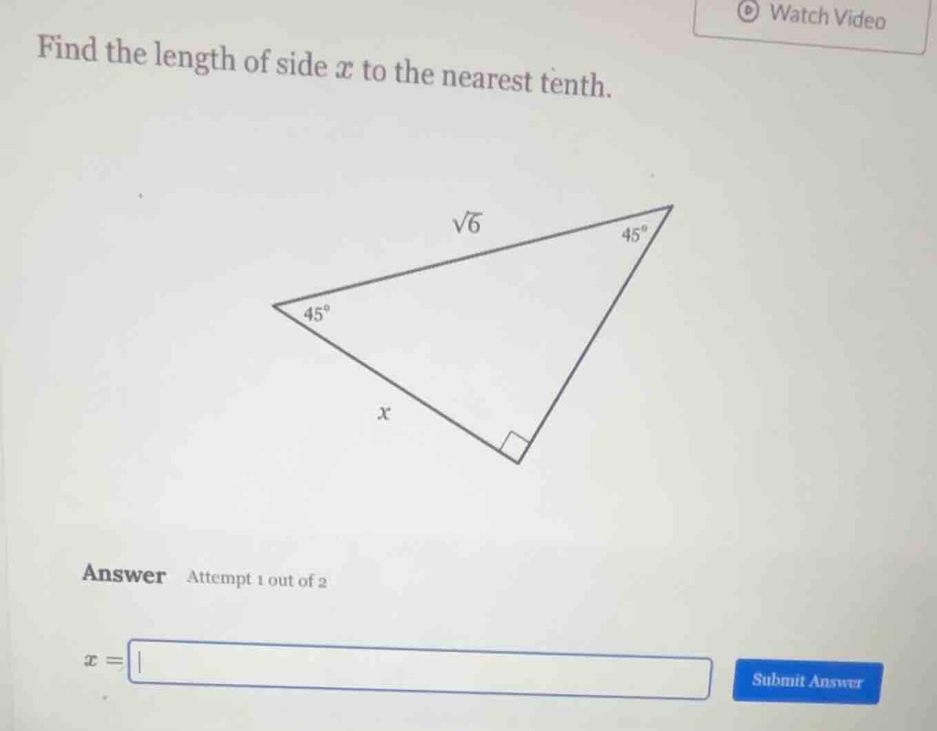 find the length of side ( x ) to the nearest tenth. (image of a right t…