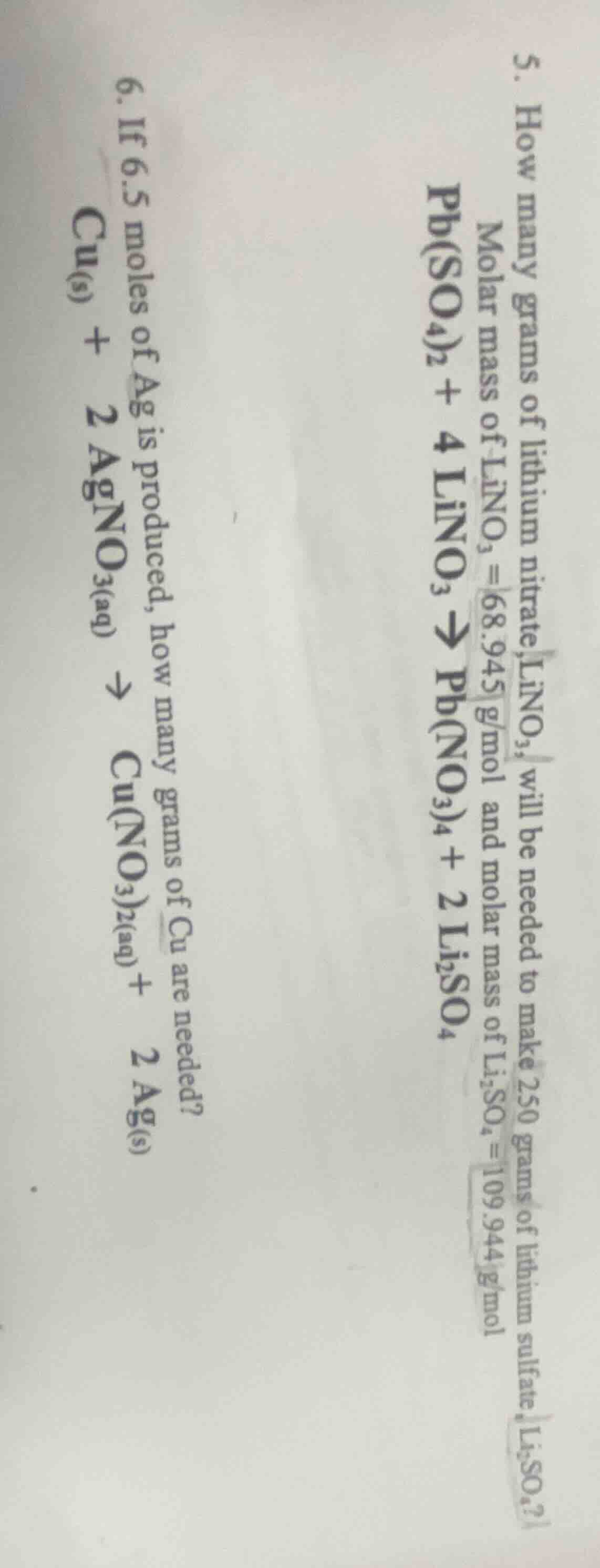 5. how many grams of lithium nitrate, lino₃, will be needed to make 250…