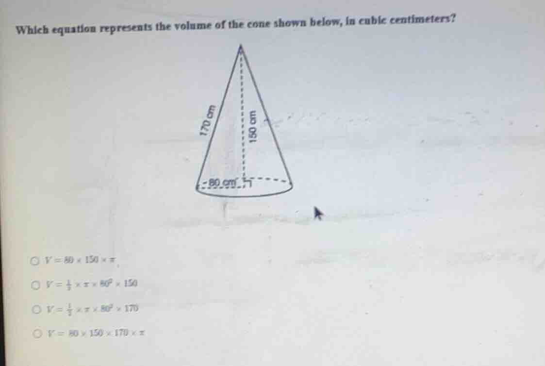 which equation represents the volume of the cone shown below, in cubic …